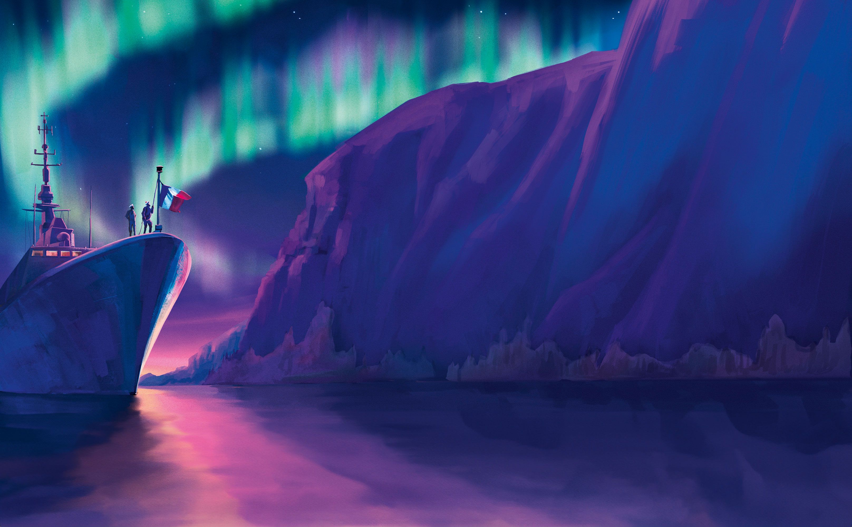 Bannière illustrée de la Marine Nationale où l'on voit un bateau avec des aurores boréales